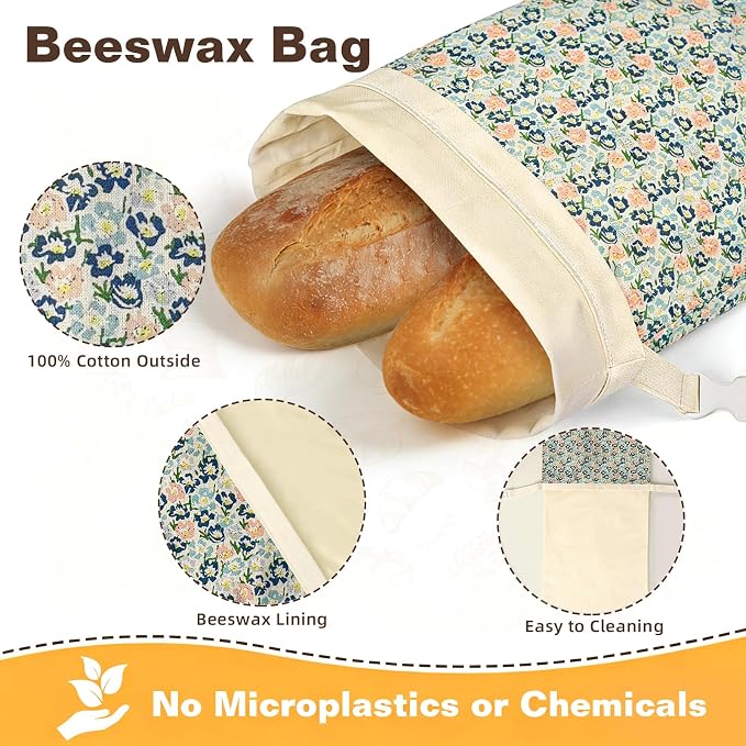 2 Pack Beeswax Bread Bags for Sourdough Homemade Bread, XL Reusable Bread Storage Bag, Organic Waxed Line and Linen Fabric Bread Bag for Home Bakers, Picnics Work or Gift-Giving