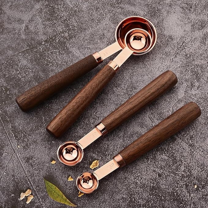8 pieces Rose Gold Copper Measuring Cups Set and Measuring Spoons Set with Scale, BRIIEC Wooden Handle Stainless Steel Dry & Liquid Measuring Cup for Cooking Baking