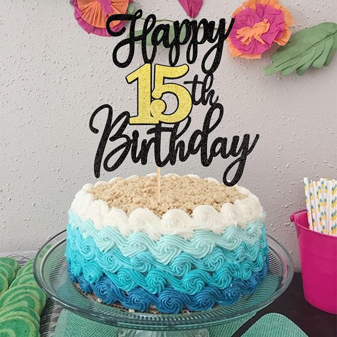 1 PCS Happy 15th Birthday Cake Topper Black Gold Glitter Cheers to 15 Years Birthday Cake Pick 15 Fabulous Cake Decoration for Happy 15th Birthday Anniversary Party Cake Decorations Supplies