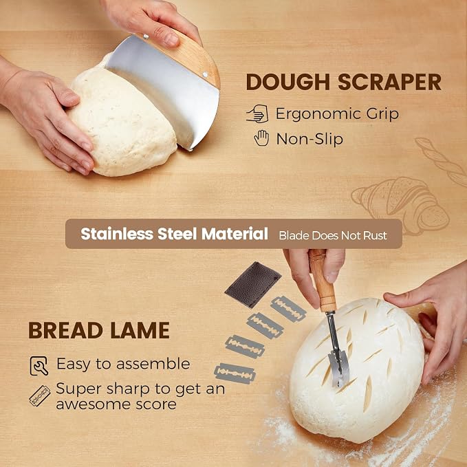 Banneton Bread Sourdough Proofing Basket - Sourdough Starter Kit Set Of 2, Sourdough Bread Baking Supplies 10" Oval Set of 2, Bread Proofing Basket with 8 Accessories
