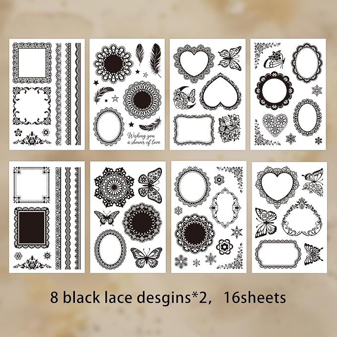130 Pcs Vintage Black White Lace Scrapbook Stickers - Classic Butterfly Feather Heart Embellishments for DIY Journal Wedding Photo Album Craft Decor, Fade-Resistant Waterproof Reusable