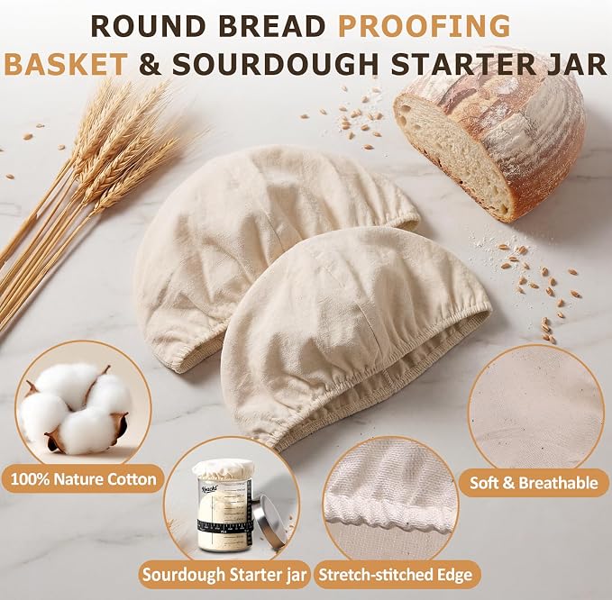 Koackl Bread Proofing Cover - 4 Pack Basket Linen Cloths & 2 Jar Covers, Reusable Cotton Bread Proofing Liners for Sourdough Baking, 10" Compatible with Round/Oval Banneton Baskets