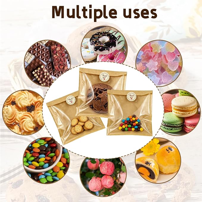 Cookie Packaging Bags with Seal- 100PCS 5.7x6.5 Inch Paper Bakery Bags with Window,Heat Sealable&Grease Resistant To Go Bake Sale Sleeves for Snack,Brownie,Treat, Donut,Cake Slice, Scone