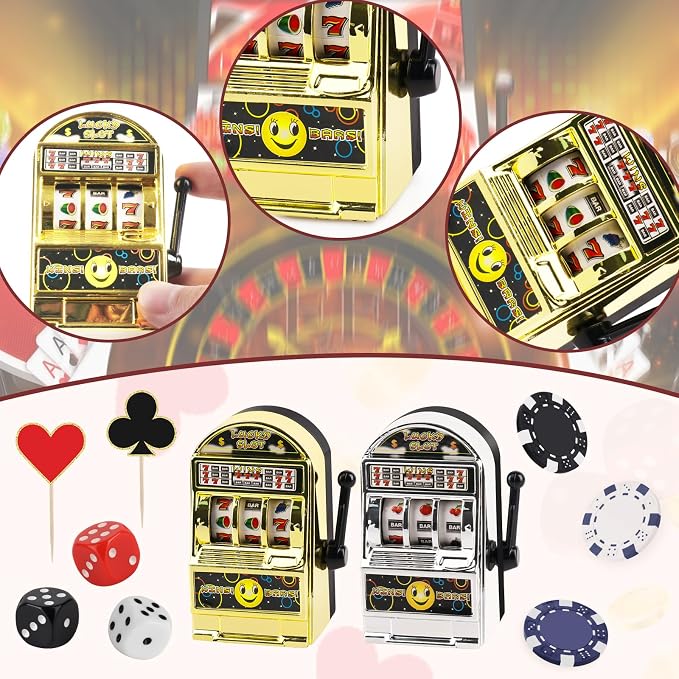 24 Pieces Casino Cake Topper Set with Mini Toy Slot Machine Poker Casino Cupcake Toppers for Casino Game Night Birthday Party Decorations Supplies