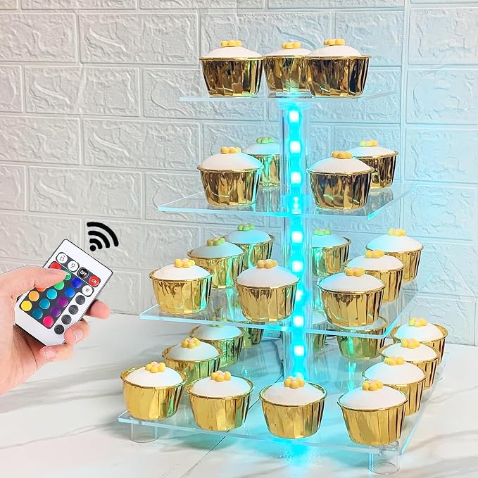 Cupcake Stand Acrylic 4 Tier Tower Display Cupcake Cake Stand with Remote LED Light,Multiple Color Changing Modes,Transparency Serving Tray for Any Parties Events(Standard Size)