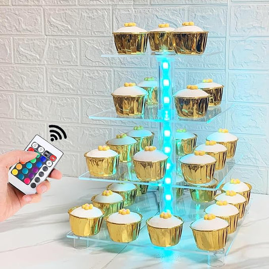 Cupcake Stand Acrylic 4 Tier Tower Display Cupcake Cake Stand with Remote LED Light,Multiple Color Changing Modes,Transparency Serving Tray for Any Parties Events(Standard Size)
