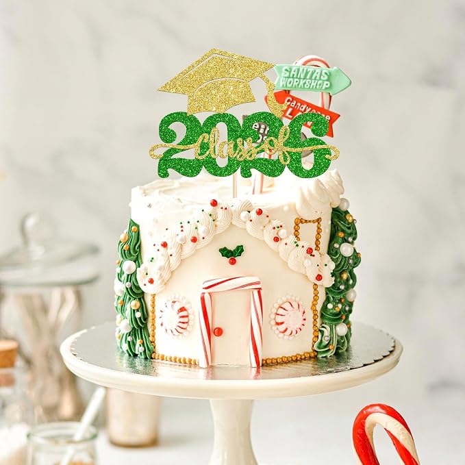 1 Pack Class of 2026 Cake Topper Glitter Congrats Grad Cap 2026 Graduation Cake Pick for 2026 Graduation Theme High School Boys Girls Graduate Party Cake Decorations Supplies Gold Green