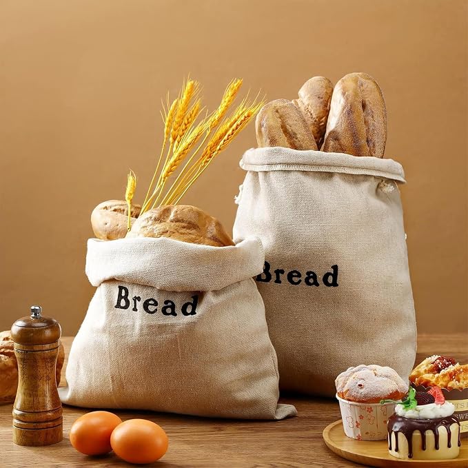 Woanger 3 Pieces Linen Bread Bags Burlap Reusable Drawstring Bread Bags 12 x 15 Inch Unbleached Loaves Pastries Pouch Handmade Food Storage for Bakery Picnic Wedding Wrapping Camping Supplies