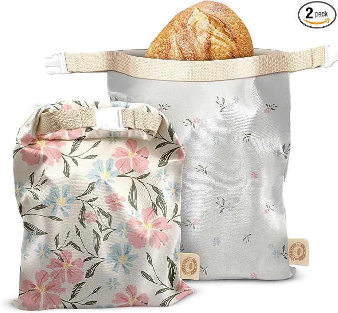 Cozy Bread® Reusable Bread Bag Set for Home Bakers | USA Brand | Charming Bread Designs (Hibiscus)