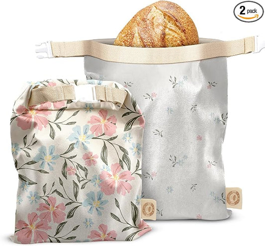 Cozy Bread® Reusable Bread Bag Set for Home Bakers | USA Brand | Charming Bread Designs (Hibiscus)