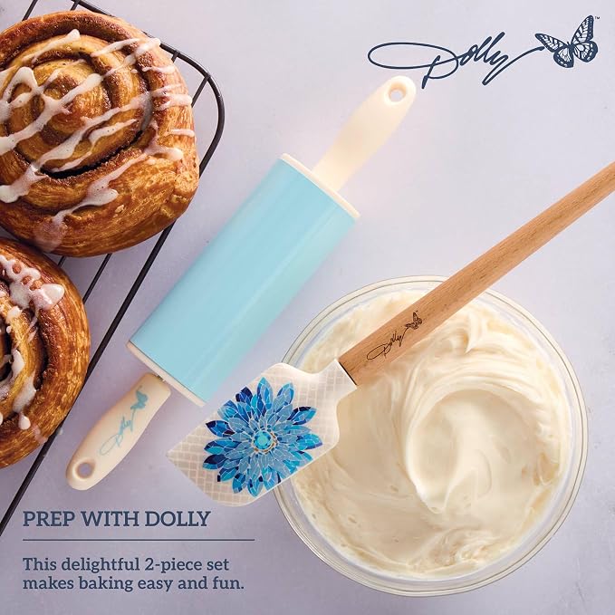 Dolly Parton Mini Spatula and Rolling Pin Set, Heat-Resistant Silicone Spatula and Nonstick Rolling Pin with Blue Accents Kitchen Utensils for Baking, Cooking and Decorating, 2 Piece