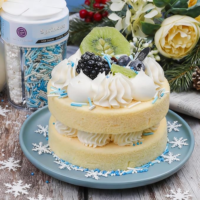 Winter Sprinkles for Cake Decorating 8 oz, Blue and White Frozen Snowflake Sprinkles Christmas and Holiday Assortment, Edible Jimmies, Nonpareils and Sanding Sugar for Decorating Cookies, Baking, Cupcakes, Cakes, Desserts