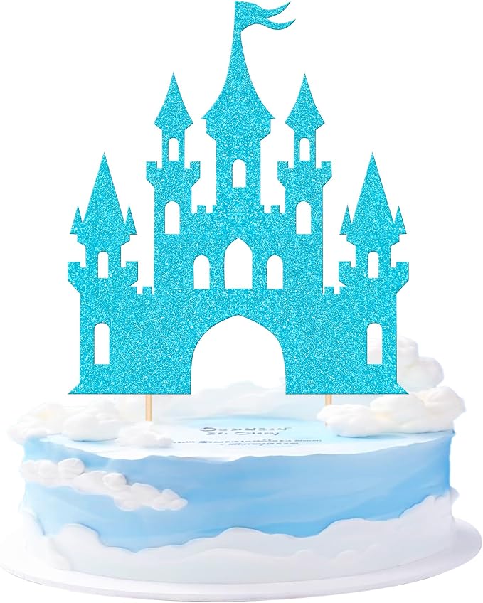 1 PCS Castle Cake Topper Glitter Princess Cake Topper Castle Theme Birthday Party Decoration Princess Happy Birthday Cake Decoration for Baby Shower Girls Princess Birthday Party Supplies Blue
