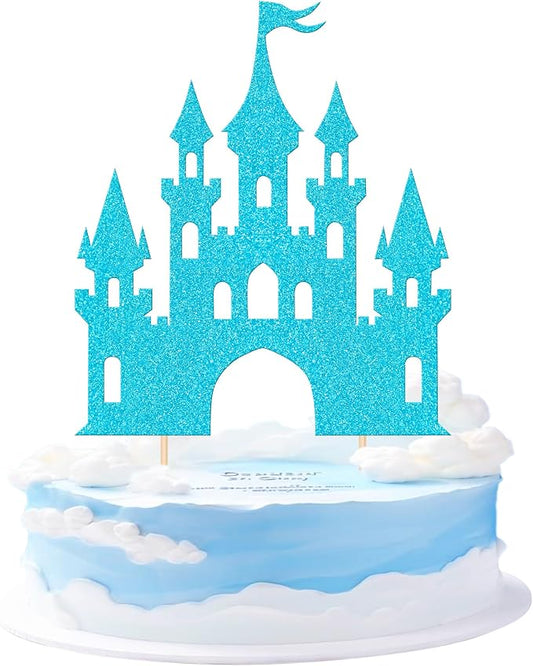 1 PCS Castle Cake Topper Glitter Princess Cake Topper Castle Theme Birthday Party Decoration Princess Happy Birthday Cake Decoration for Baby Shower Girls Princess Birthday Party Supplies Blue