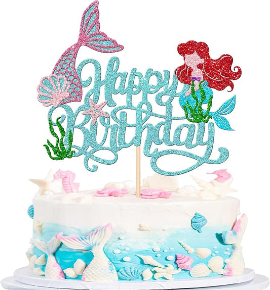 1 PCS Happy Birthday Cake Topper - Starfish, Seawood, Seashells, Mermaid Tail for Under the Sea Mermaid Theme Party Decorations, Blue