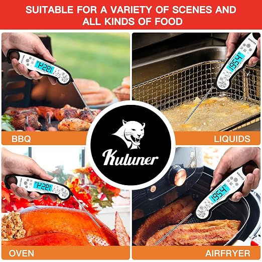 KULUNER Instant Read Food Thermometer, White Waterproof Digital Meat Thermometer with 4.6" Folding Probe, Backlight & Calibration, 2-3s Fast Reading for Kitchen Baking Grilling Cooking - White