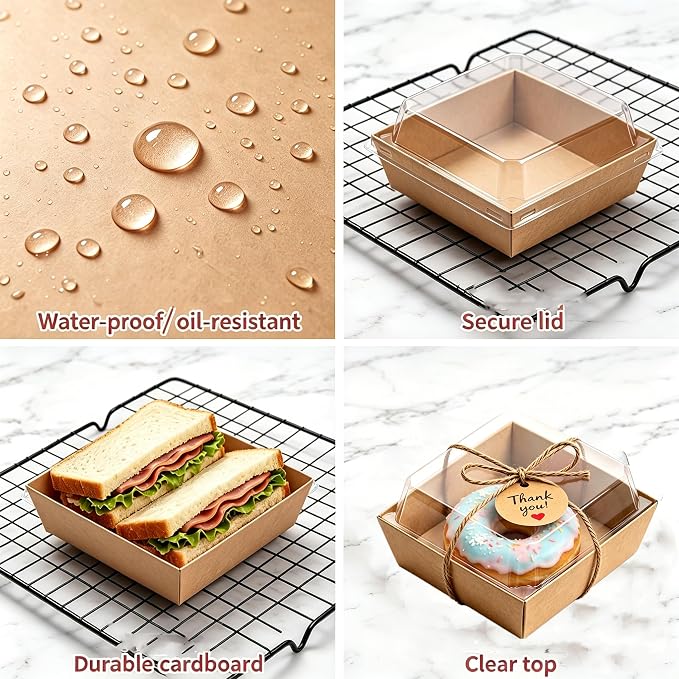100 Pack Charcuterie Boxes with Clear Lids 4x4 Inch, Disposable Kraft Square Dessert Boxes, Bakery Snack Containers for Cookie, Cake Slice, Donut, Sandwich, Sushi, Party, Wedding, Valentine