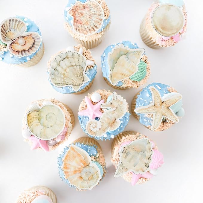 Gyufise 60Pcs Edible Sea Shell Cupcake Toppers Starfish Conch Seahorse SeaShell Cupcake Picks Edible Beach Party Decorations for Under the Sea Baby Shower Wedding Birthday Party Cake Decors Supplies