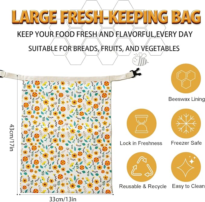 Beeswax Bread Bags 17×13 Inch (2 Pack) with Zipper, Reusable Cotton Bread Bags for Homemade Bread Storage and Freezing, Double Seal to Lock in Moisture