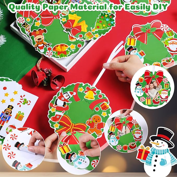Dianelhall 24 Sets Christmas Picture Frame Craft Kit Xmas Wreath Photo Crafts Christmas Picture Frames Gift with Santa Stickers for Classroom Xmas Holiday Party Activities(Wreath)