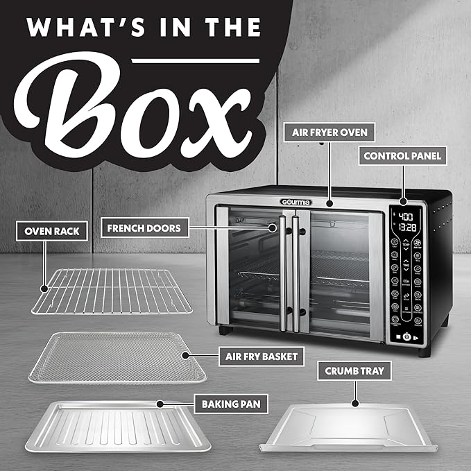 Gourmia French Door Air Fryer Toaster Oven – 6-Slice Capacity, FryForce 360°, Digital Display with 17 Cooking Presets, Stainless Steel