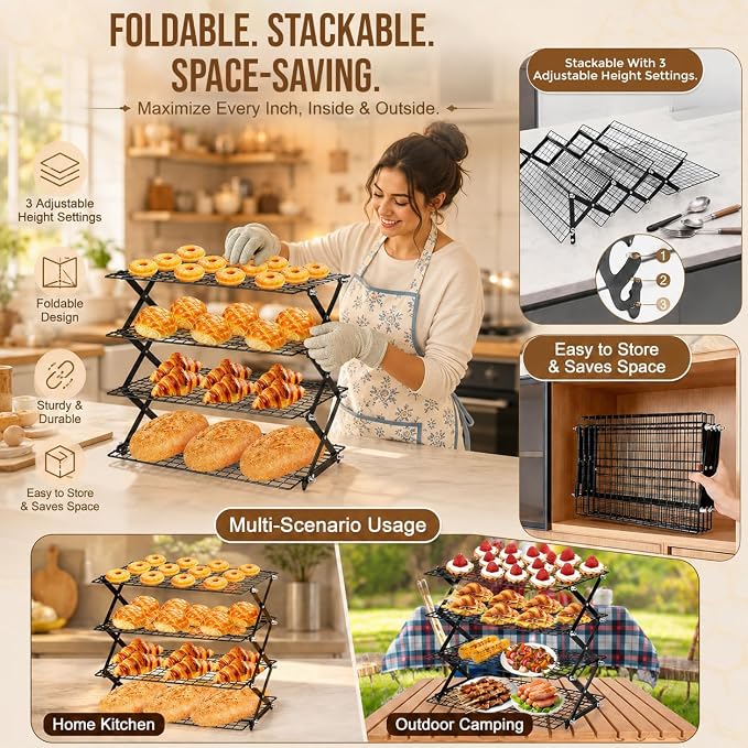4 Tier Collapsible Cooling Rack for Baking with 12 Piece Cookie Cutter Set - Adjustable Stackable Wire Baking Rack, 3 Setting Design, Space Saving for Cookies, Cakes & Bread