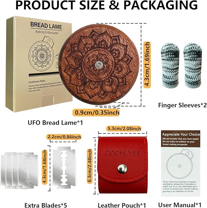 Artisan UFO Bread Lame Cutter for Sourdough Bread Makers, Premium Wooden Sourdough Scoring Tool with CNC Engraved Design, 5 Bread Knife Blades & PU Storage Case for Homemake Lovers Gifts