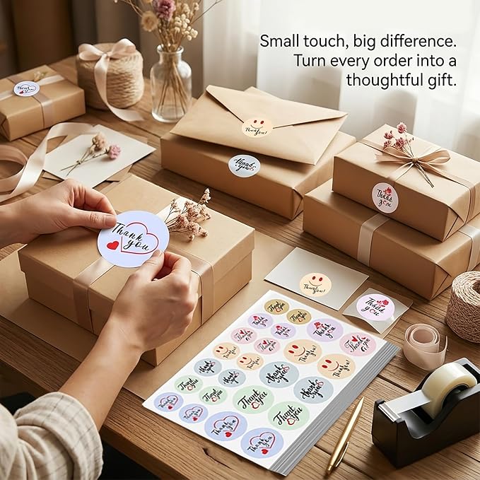 Thank You Stickers 600 Pcs - 1.5" & 1" Round Labels for Small Business, 7 Designs Packaging Stickers for Handmade Products, Envelopes, Gift Wrapping & Crafts