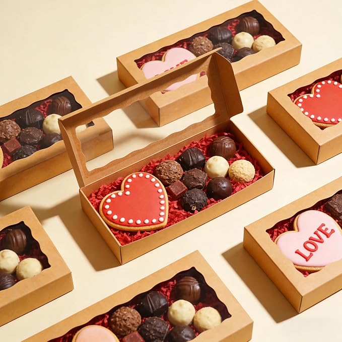 XINHPKGG 20pcs Cookie Boxes with window 12 x 5 x 1.5 Inch Bakery Boxes Treat Box Dessert Box for Wedding Party Favors - Brown