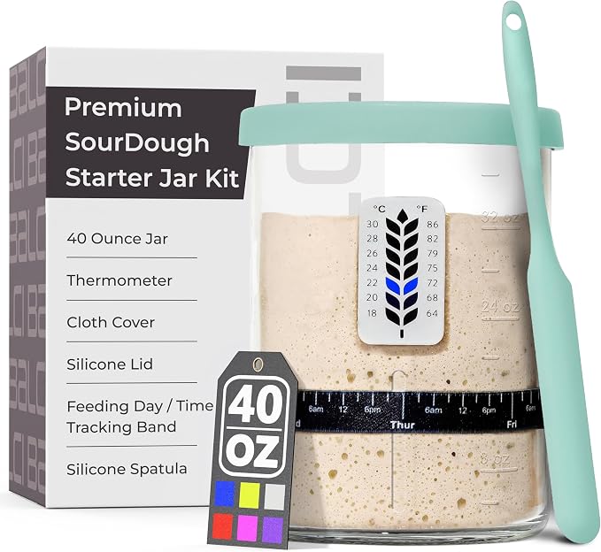 Premium Sourdough Starter Jar - 40oz Large Sourdough Jar with Marked Feeding Band, Scraper, Cloth Cover and Silicone Lid/Base, Wide Mouth Starter Kit - Mint