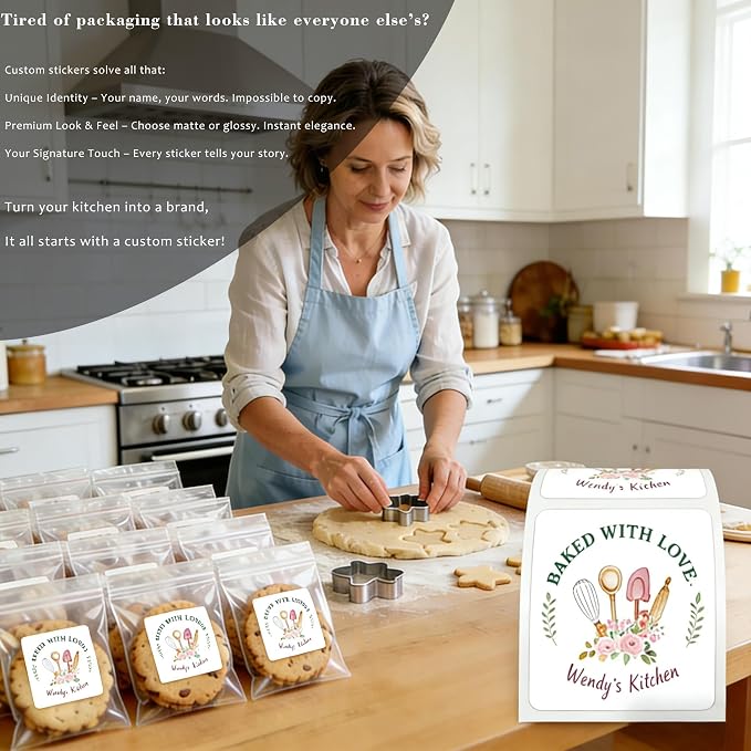 120-1000 Pack Personalized Bakery Labels,Custom Baked with Love Stickers for Homemade Goods,Branding, Packaging,Gift, Custom Cookie Business Stickers, Multiple Sizes (Square)
