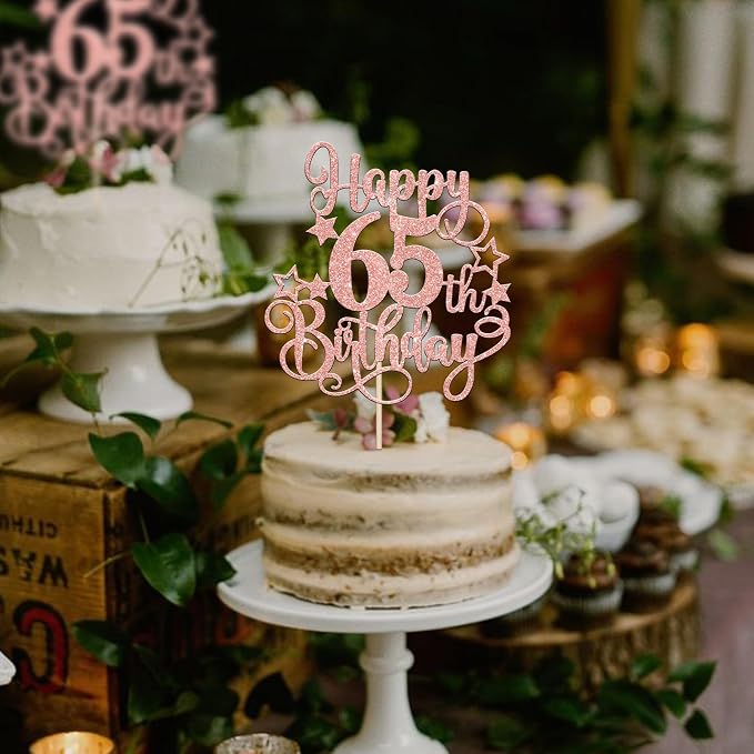 1 PCS Happy 65th Birthday Cake Topper Glitter Cheers to 65 Years Birthday Cake Pick Hello 65 Fabulous Cake Decoration for Happy 65th Birthday Anniversary Party Decorations Supplies Rose Gold