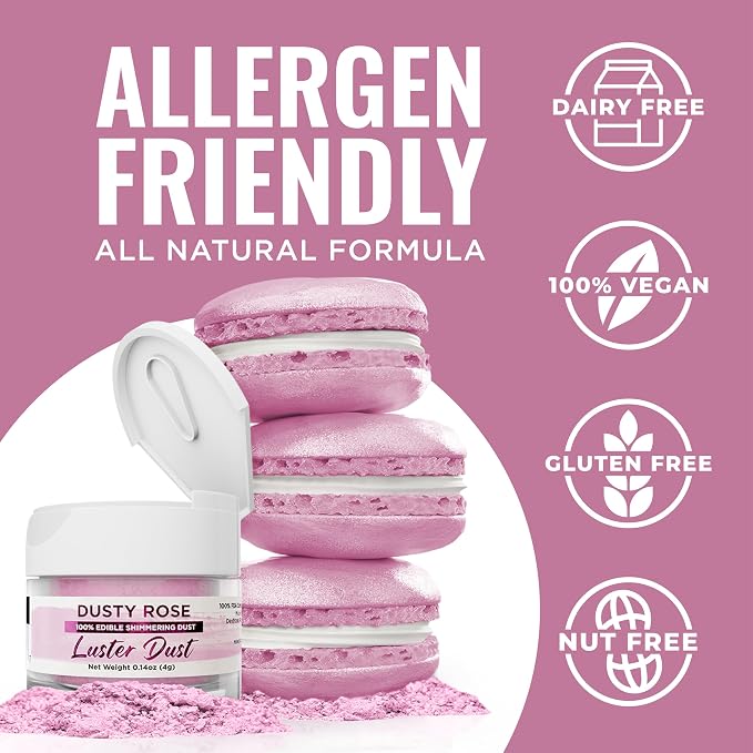Luster Dust - Dusty Rose (4g 1x Jar) | Edible Vegan Dust & Paint for Cake Decorating, Ice Cream, Desserts, Cocktails and Beverages by Bakell