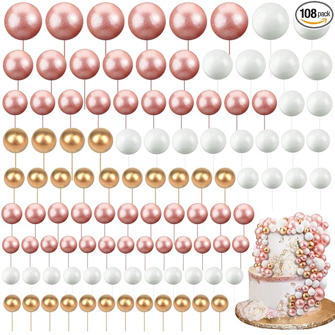 108 Pcs Balls Cake Topper DIY Cupcake Insert Foam Balloons for Cake Baking Wedding Anniversary Birthday Decoration(Rose Gold, White, Gold,Multi Sizes)