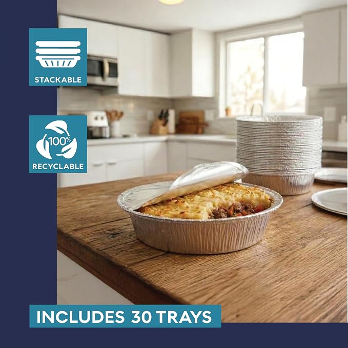 The Name 9" Round 30 Pack Aluminum Foil Pans Disposable Pie Tins, Mini Pans, Tart Baking Trays, Oven/Freezer Safe, Perfect for Apple Pie, Pumpkin Pie, Quiche, Pot Pie, Cobbler, Catering & Food Service