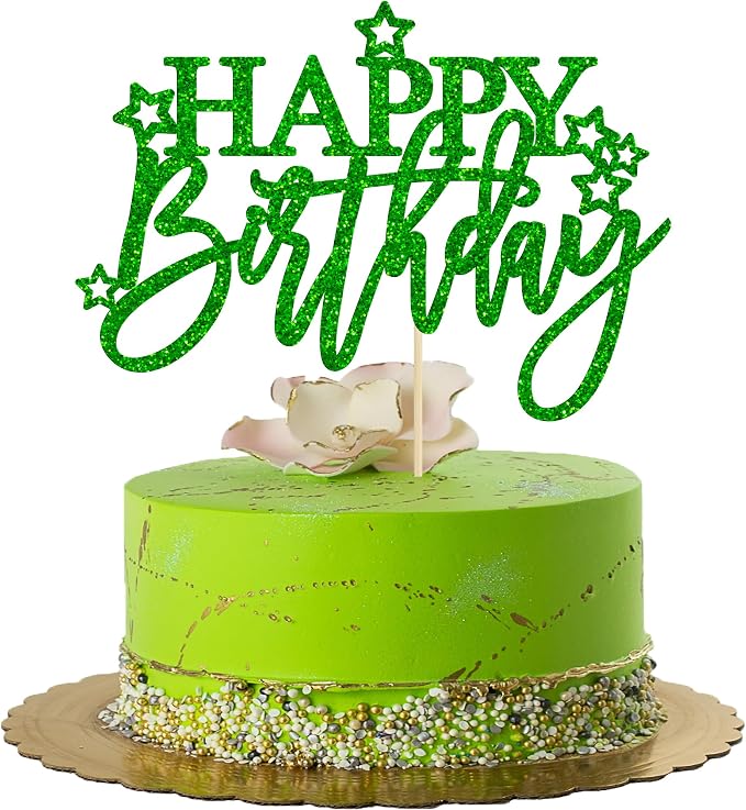 Gyufise 1Pcs Happy Birthday Cake Topper Glitter Happy Birthday Cake Pick for Celebrating Happy Birthday Anniversary Theme Party Cake Decorations Supplies Light Green