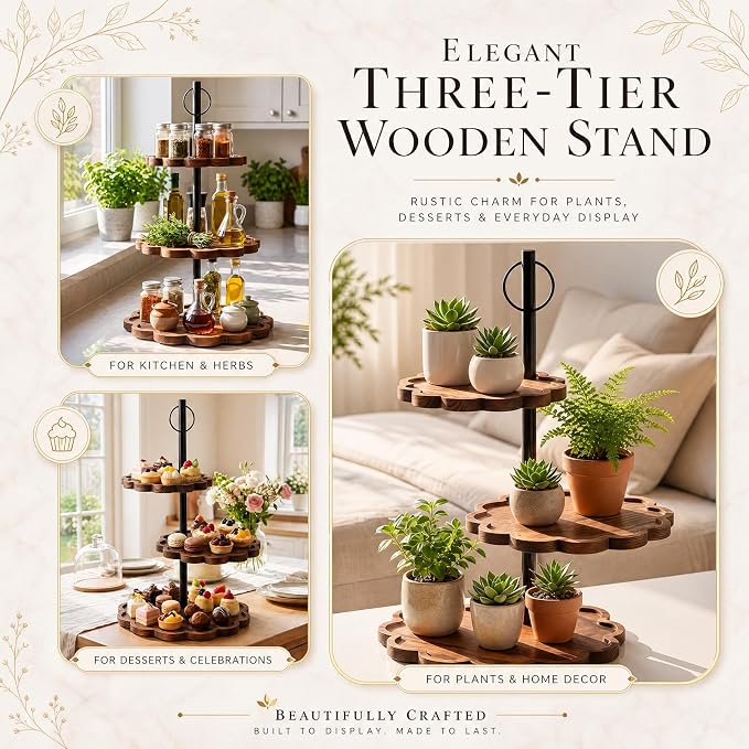 Willinglong 3 Tier Cupcake Stand Holder, Wavy Edge Cake Stand, Rustic Dessert Table Display Set Rotating Wood Cupcake Tower with Tiered Serving Tray for Cupcakes Wedding Birthday