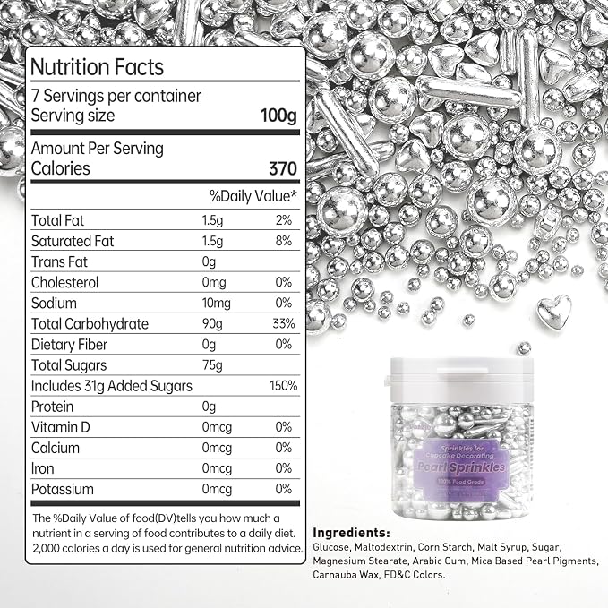 Edible Silver Heart Sprinkles, 130g/4.58oz, Silver Pearl Sprinkles For Cake Decorating, Edible Silver Cake Decorations, Birthday Party Supplies