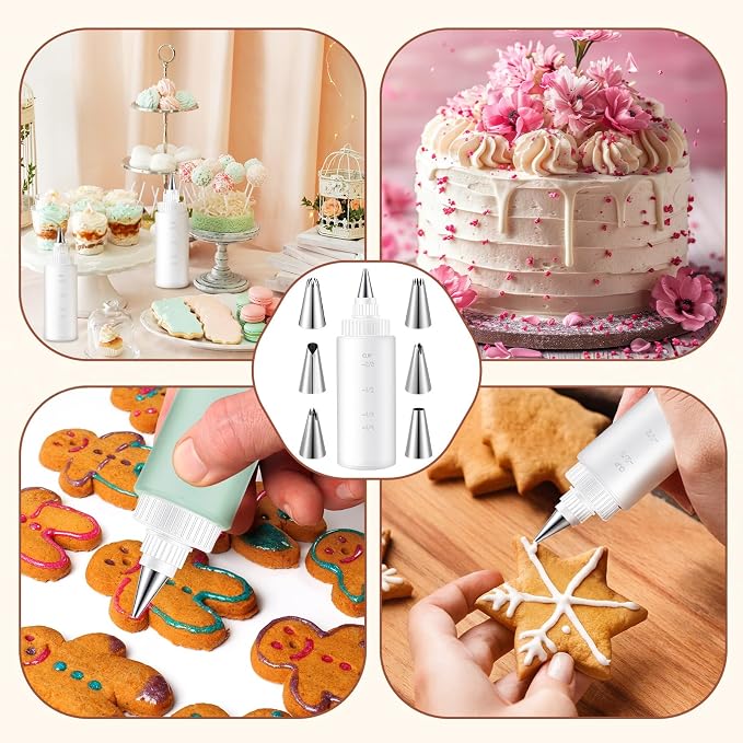 LemonRoad 4 Pcs Piping Bottles for Icing Cookie Decorating Supplies Plastic Squeeze Bottles with 6 Different Piping Tips for Cookie Icing Kit Pancake Squeezing Applicator Writer(4 oz)