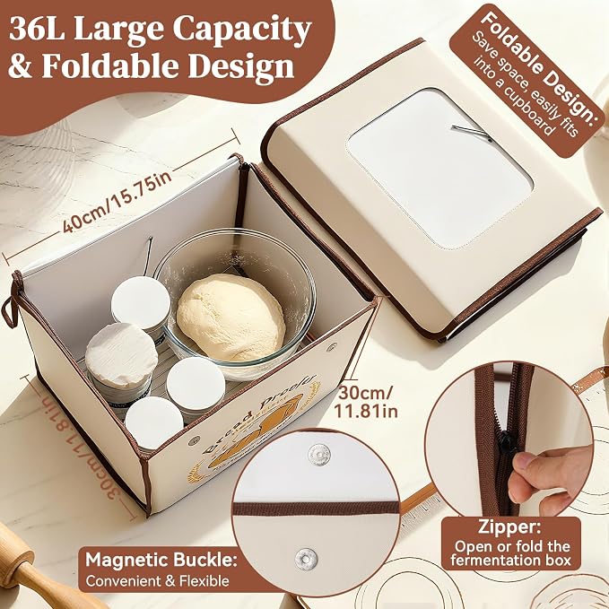 Folding Bread Proofing Box with Temp Control (50-113℉) & 48H Timer, Sourdough Proofer Box with Stainless Steel Rack, 4 Preset Modes Dough Proofer for Sourdough, Making Bread,Yogurt,Pizza,Kombucha -M
