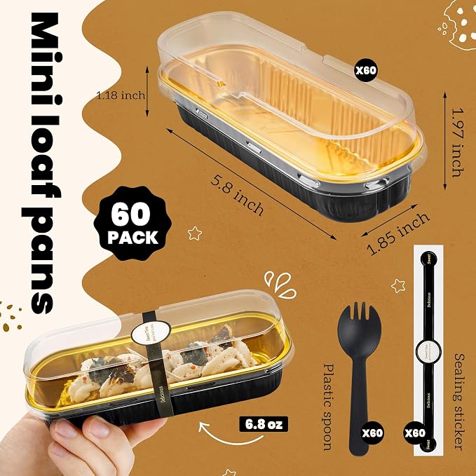 NPLUX Mini Loaf Pans with Lids and Spoons Rectangular Aluminum Foil Baking Pans Mini Cheesecake Containers 6.8oz, Graduation Gifts Party Favors(60 Pack, Black Gold)