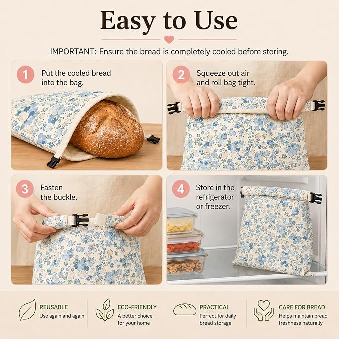 Bread Bags for Homemade, Natural Beeswax Bread Bag 2 Pack XL 13x17 Inch, Reusable Organic Cotton Linen Storage Bags, Beeswax Bread Bags for Sourdough, Keeps Bread Fresh Longer (Little Blue Flower)