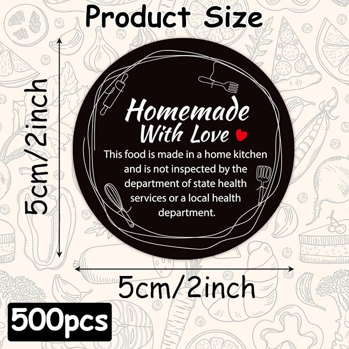 PANTIDE Cottage Food Law Labels Stickers - 500 Count Homemade with Love Adhesive Round Decal Roll, Made in A Home Kitchen Inspection Statement Thermal Printed for Food Packaging (2 x 2 Inch, Black)