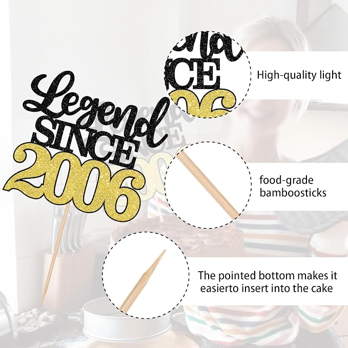 1 PCS Legend Since 2006 Cake Topper Black Gold Glitter Twenty Happy 20th Birthday Cake Pick Hello 20 Cheers to 20 Years Cake Decoration for 20th Birthday Anniversary Party Decorations Supplies