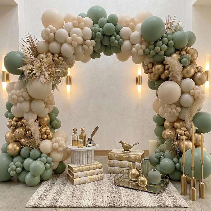 Sage Green Balloons Garland Arch Kit - 5 10 12 18 inch Different Size Sage Green White Sand Gold Balloons for Wedding Bridal Shower Birthday Anniversary Bachelorette Theme Party Decorations