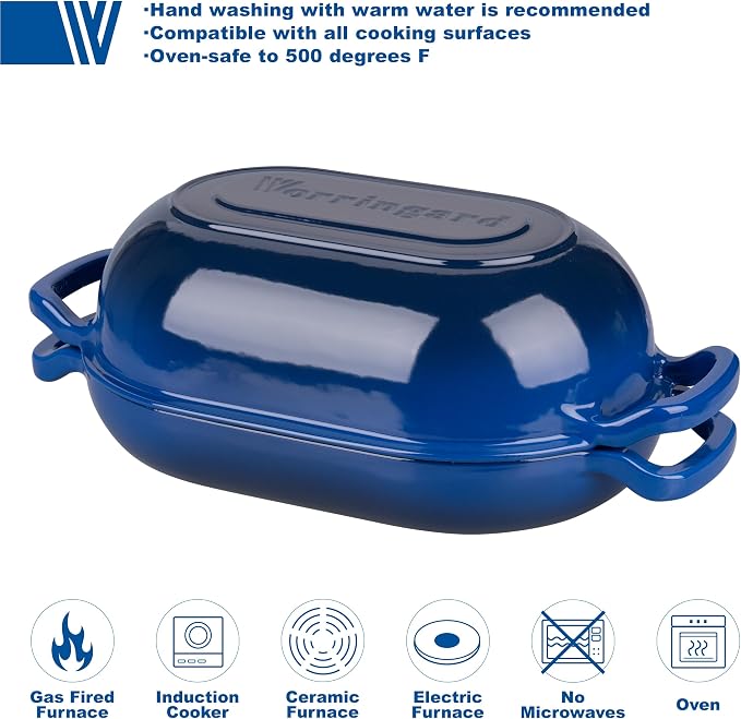 VORRINGARD Enameled Cast Iron Sourdough Bread Oven, Dutch Oven, Loaf Cast Iron Bread Pan for Homemade Bread Baking, Meatloaf Pan with Lid, 5QT, Blue