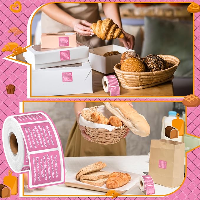 500 Count Cottage Food Law Labels Stickers 1.5” Pink Square Food Stickers Made in a Home Kitchen Decal Thermal Printed Labels for Home Kitchen Bakery Bread Sourdough