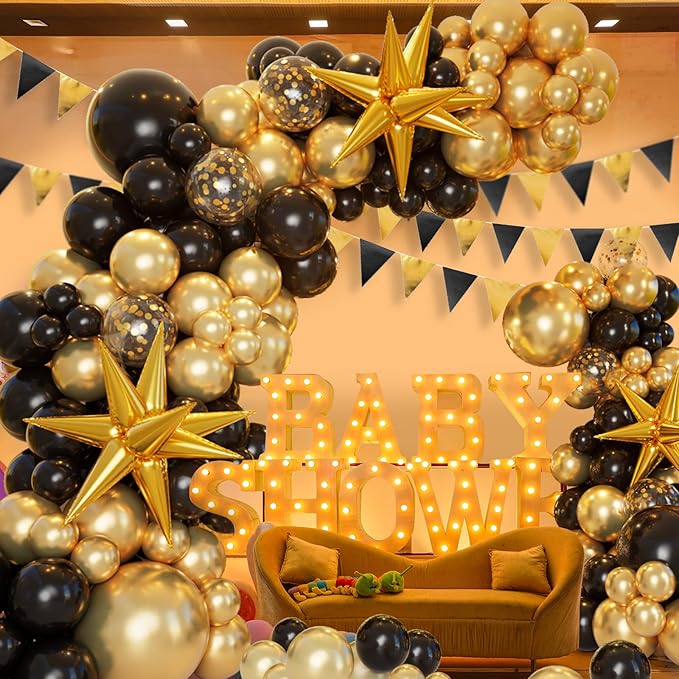 Bonropin 161pcs Black and Gold Balloons Garland Arch Kit with Explosion Star Balloons, 5/10/12/18in Black Gold Confetti Latex Balloons for Anniversary Birthday Party 2025 Graduation Decorations