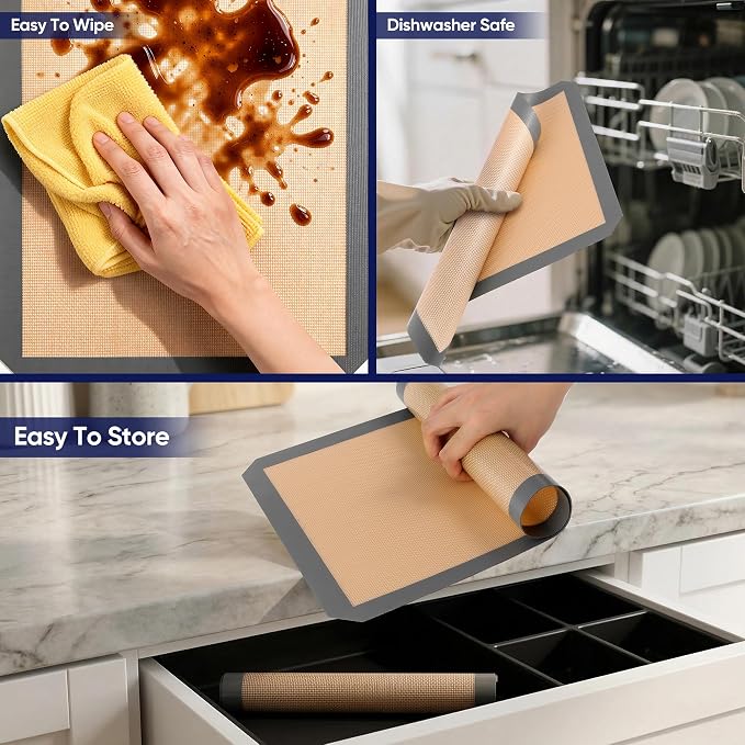 E-far Silicone Baking Mats, 15x11” Nonstick Reusable Silicone Mat for Kitchen Oven Baking Cookie Bread Pastry, 2-Pcs Food Grade Rectangle Silicon Baking Sheet, Heat-Resistant & Dishwasher Safe, Gray