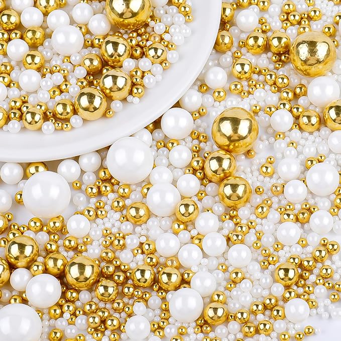 White & Gold Pearl Sprinkles for Cake Decorating, 130g/4.6oz Edible Pearl Sprinkles, Baking Cupcakes, Donuts, Macarons Toppings